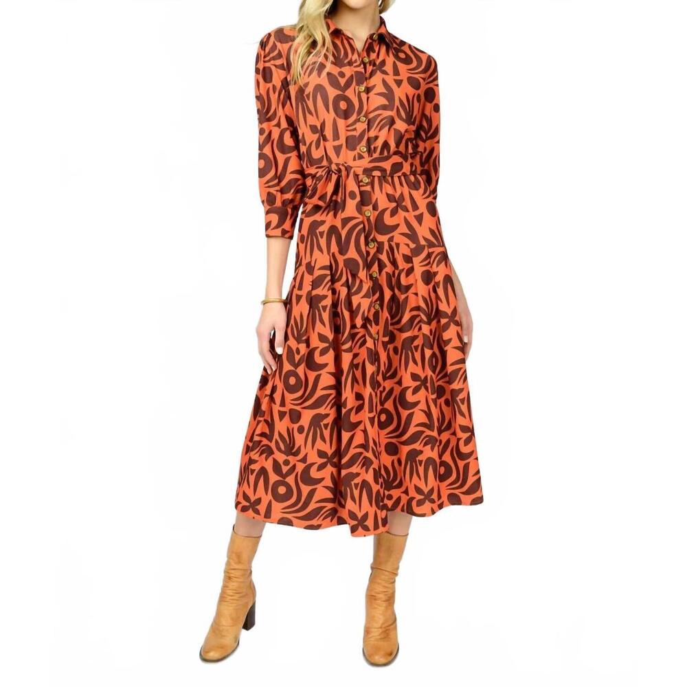 NEW IVY JANE native print shirt dress in dark rust